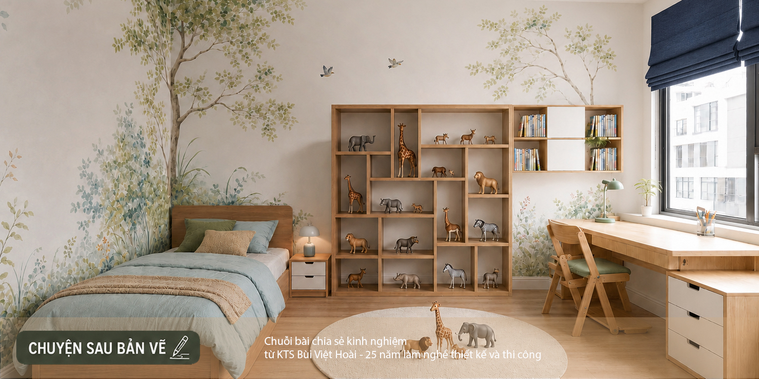 Không gian được điều chỉnh theo sở thích của trẻ, bổ sung kệ trưng bày mô hình, mảng tường thiên nhiên và khoảng sàn để vui chơi cùng bạn.